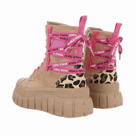 Dames enkellaarzen / veterboots laarsjes met panterprint - bruin roze