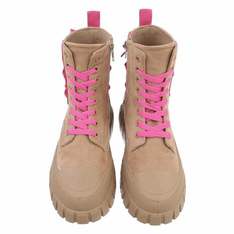 Dames enkellaarzen / veterboots laarsjes met panterprint - bruin roze
