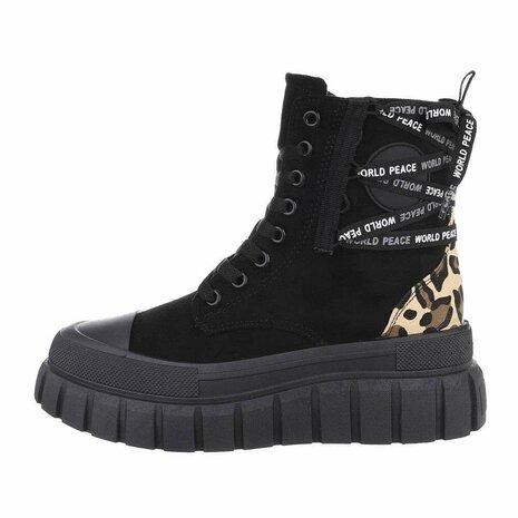 Dames enkellaarzen / veterboots laarsjes met panterprint - zwart