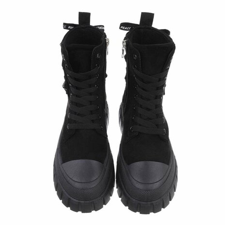 Dames enkellaarzen / veterboots laarsjes met panterprint - zwart