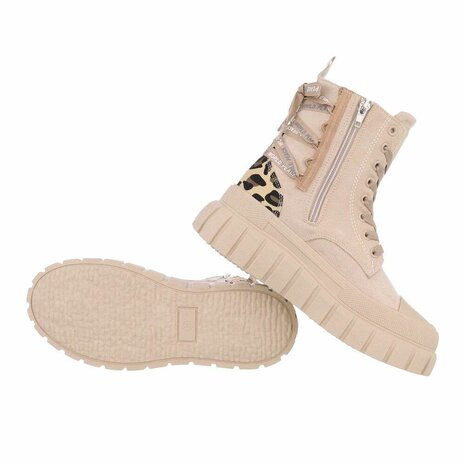 Dames enkellaarzen / veterboots laarsjes met panterprint - beige