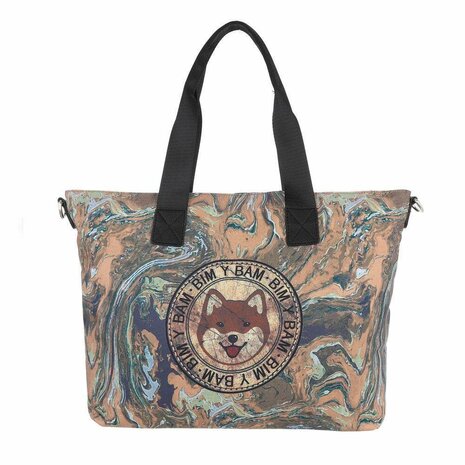 Dames grote schoudertas / shopper tas met Shiba Inu hond - khaki / multi