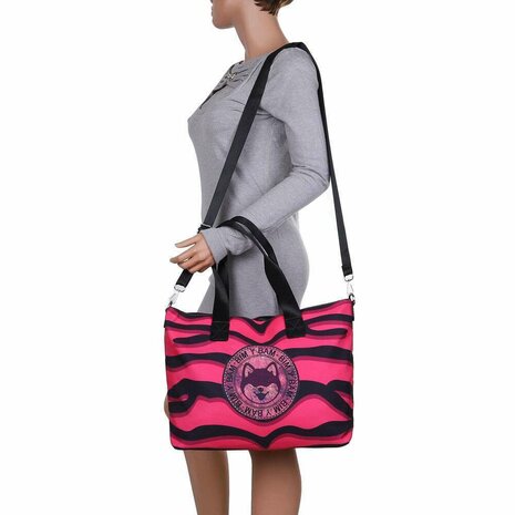Dames grote schoudertas / shopper tas met Shiba Inu hond - fuchsia roze