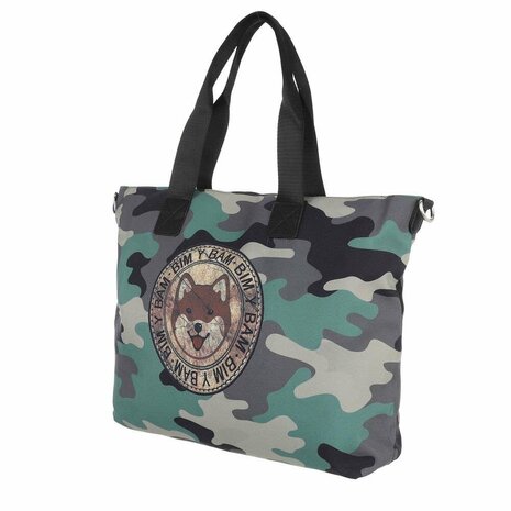 Dames grote schoudertas / shopper tas met Shiba Inu hond - groen legerprint