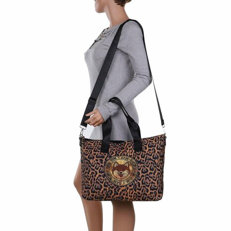 Dames grote schoudertas / shopper tas met Shiba Inu hond - bruin panterprint