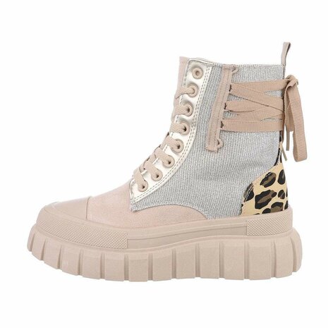 Dames enkellaarzen / veterboots met panterprint - beige glitter