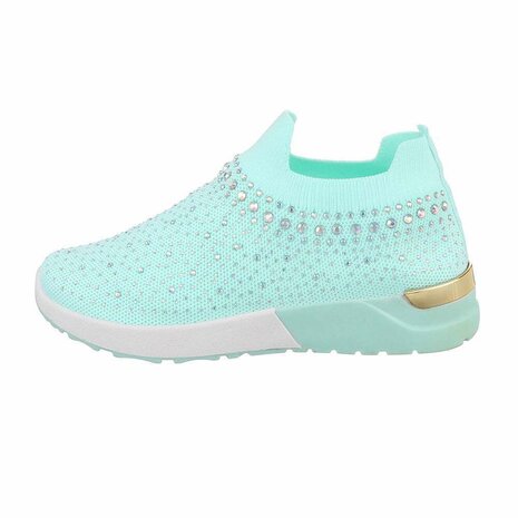 Dames instap sneakers / slip-on instappers met strass - licht turquoise / aqua