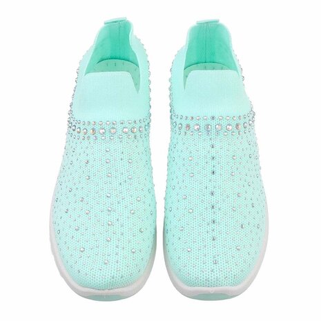 Dames instap sneakers / slip-on instappers met strass - licht turquoise / aqua