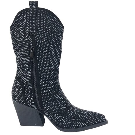 Dames cowboy laarzen / halfhoge western laarzen met glitter strass - zwart