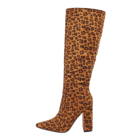 Dames high heels knielaarzen / hoge laarzen met panterprint - bruin