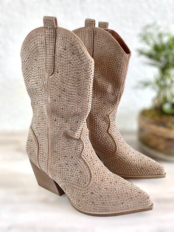 Dames cowboy laarzen / halfhoge western laarzen met glitter strass - lichtbruin khaki