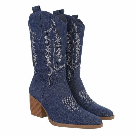 Dames halfhoge cowboy laarzen / western kuitlaarzen jeans spijkerstof - donkerblauw denim