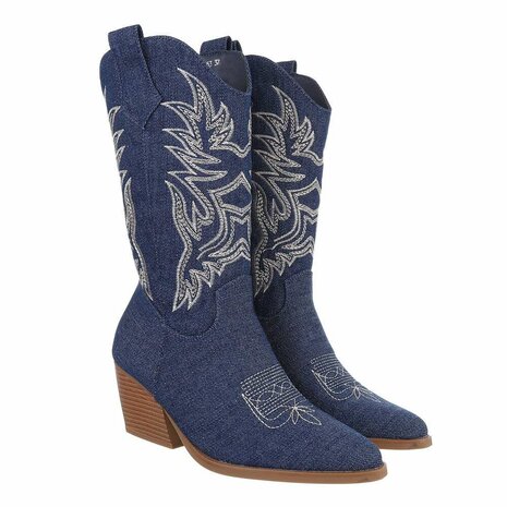 Dames halfhoge cowboy laarzen / western kuitlaarzen jeans spijkerstof - donkerblauw denim