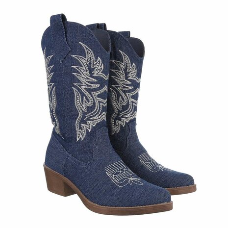 Dames halfhoge cowboy laarzen / western kuitlaarzen jeans spijkerstof - donkerblauw denim