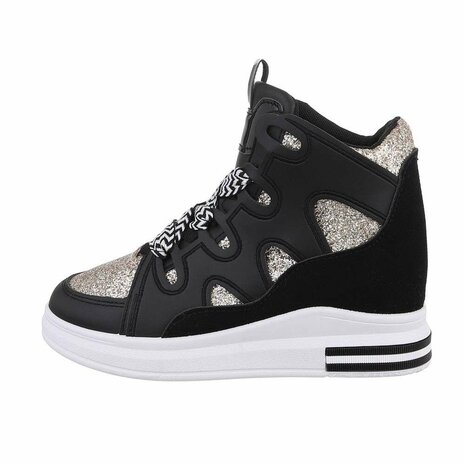 Dames wedge sneakers met sleehakken - zwart / goud