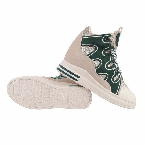 Dames wedge sneakers met sleehakken - groen / beige