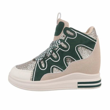 Dames wedge sneakers met sleehakken - groen / beige