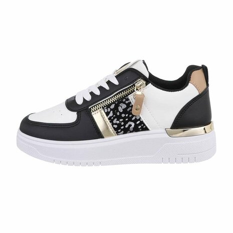 Dames sneakers / lage gympen met panterprint - zwart / wit