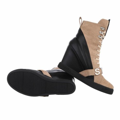 Dames wedge sneakers met sleehakken - lichtbruin / zwart