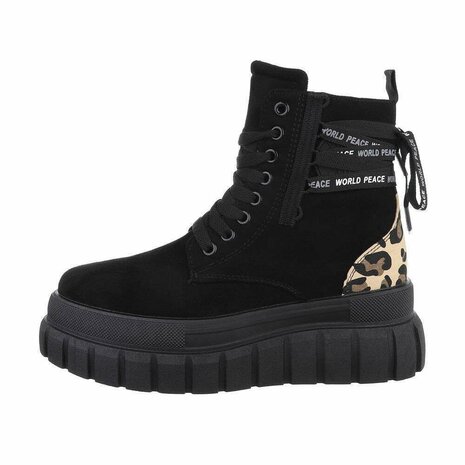 Dames veterboots / laarsjes met veters - zwart panterprint