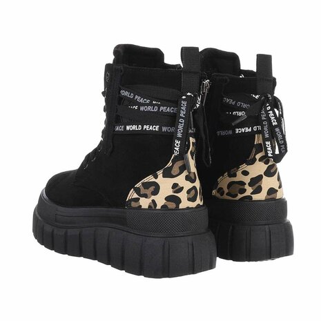 Dames veterboots / laarsjes met veters - zwart panterprint