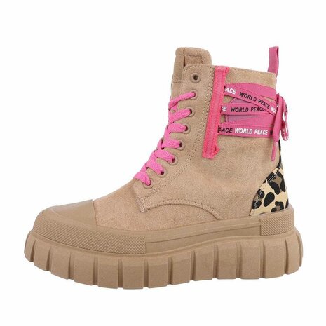 Dames veterboots / laarsjes met veters - lichtbruin taupe panterprint