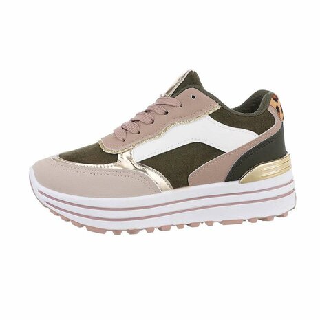 Dames sneakers met plateauzolen en panterprint - leger groen / beige