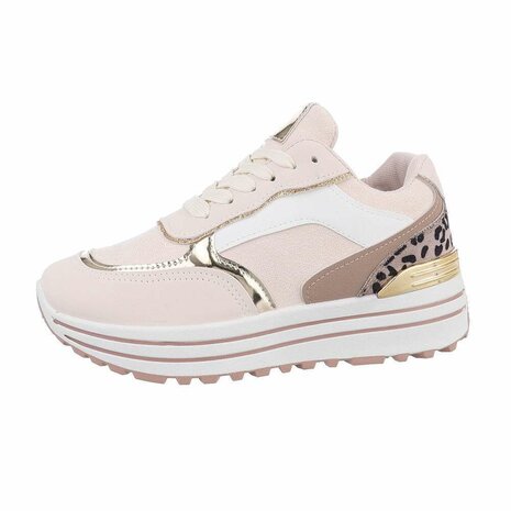 Dames sneakers met plateauzolen en panterprint - beige