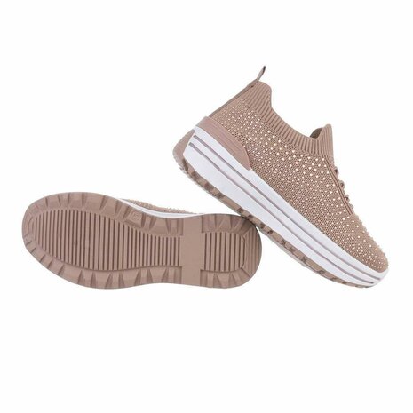 Dames instap sneakers / slip-on instappers met strass - bruin khaki