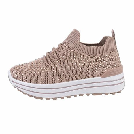 Dames instap sneakers / slip-on instappers met strass - bruin khaki