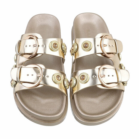 Dames slippers met gespen en strass - goud