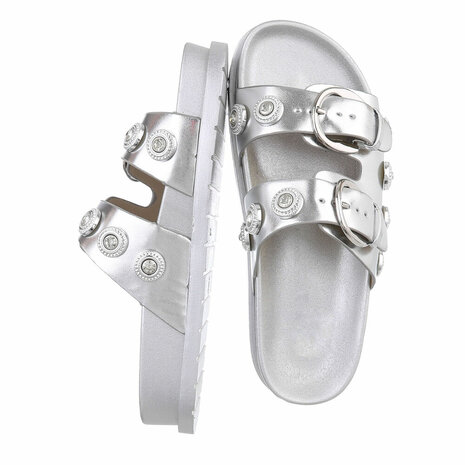 Dames slippers met gespen en strass - zilver