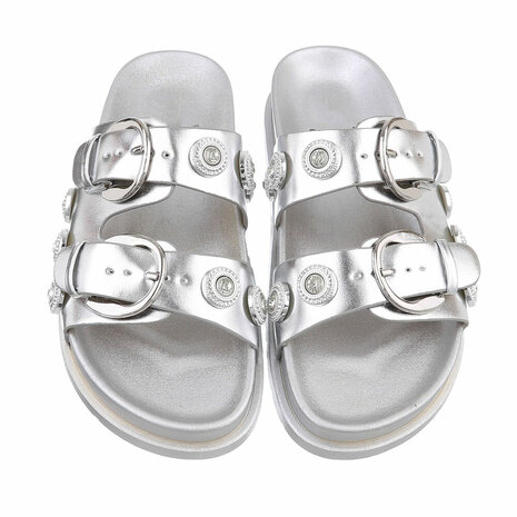 Dames slippers met gespen en strass - zilver