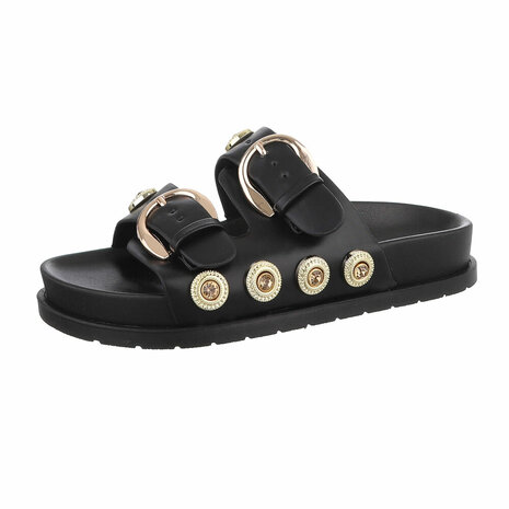Dames slippers met gespen en strass - zwart