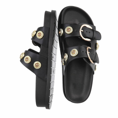 Dames slippers met gespen en strass - zwart