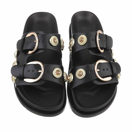 Dames slippers met gespen en strass - zwart