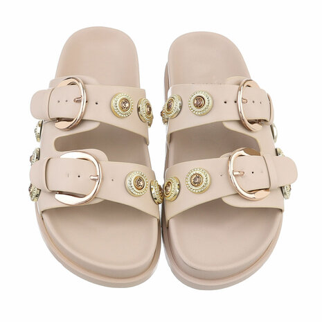 Dames slippers met gespen en strass - beige