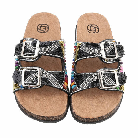 Dames slippers met kralen en strass - zwart
