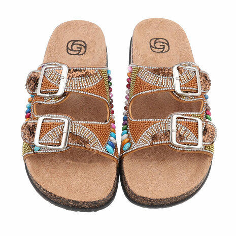 Dames slippers met kralen en strass - camel bruin