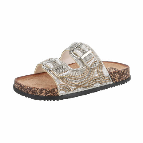 Dames slippers met kralen en strass - zilver