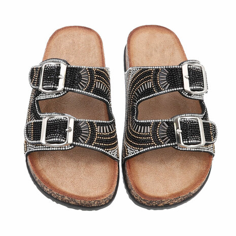 Dames slippers met kralen en strass - zwart