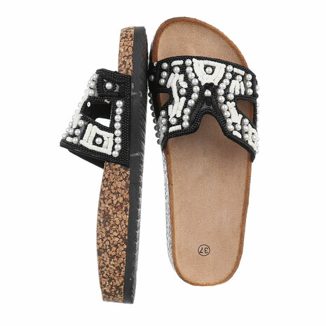 Dames slippers met parels en kralen - zwart