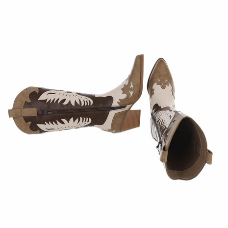 Dames cowboy laarzen / halfhoge western kuitlaarzen - donkerbruin / khaki