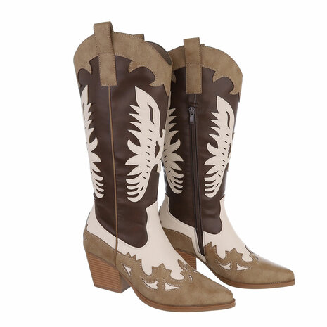 Dames cowboy laarzen / halfhoge western kuitlaarzen - donkerbruin / khaki