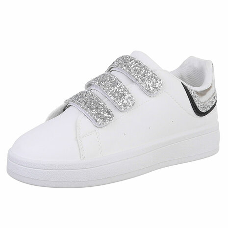 Dames sneakers / lage gympen met klittenband - wit / zilver