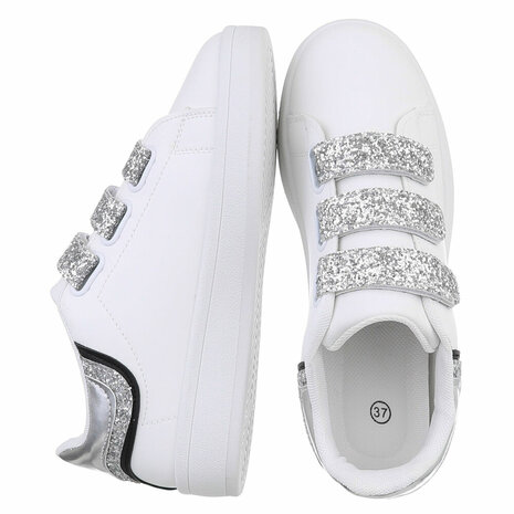 Dames sneakers / lage gympen met klittenband - wit / zilver