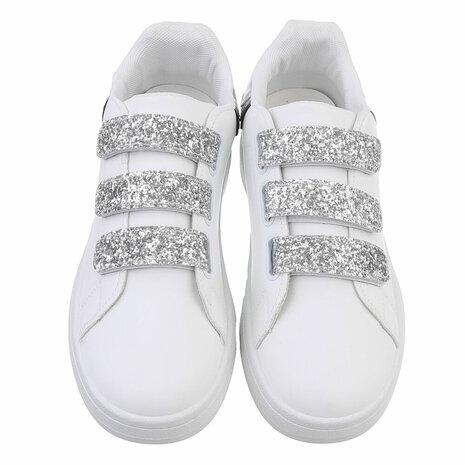 Dames sneakers / lage gympen met klittenband - wit / zilver