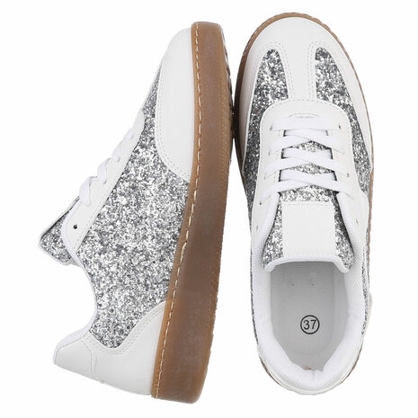 Dames retro sneakers / lage gympen met glitter - wit / zilver