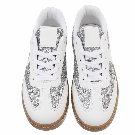 Dames retro sneakers / lage gympen met glitter - wit / zilver