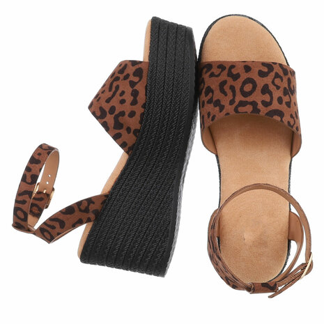 Dames wedge sandalen met sleehakken - bruin panterprint
